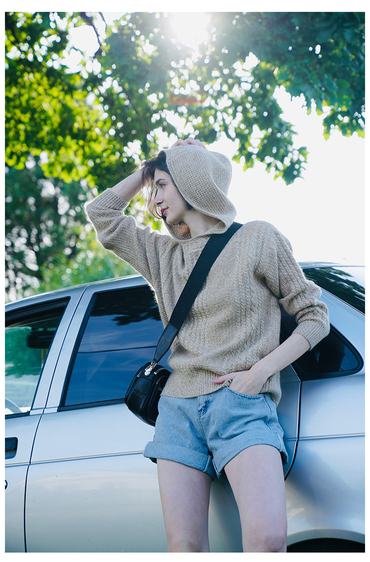 Women's Hooded Pullover Loose Fit Knitted Top Long Sleeve Sweater