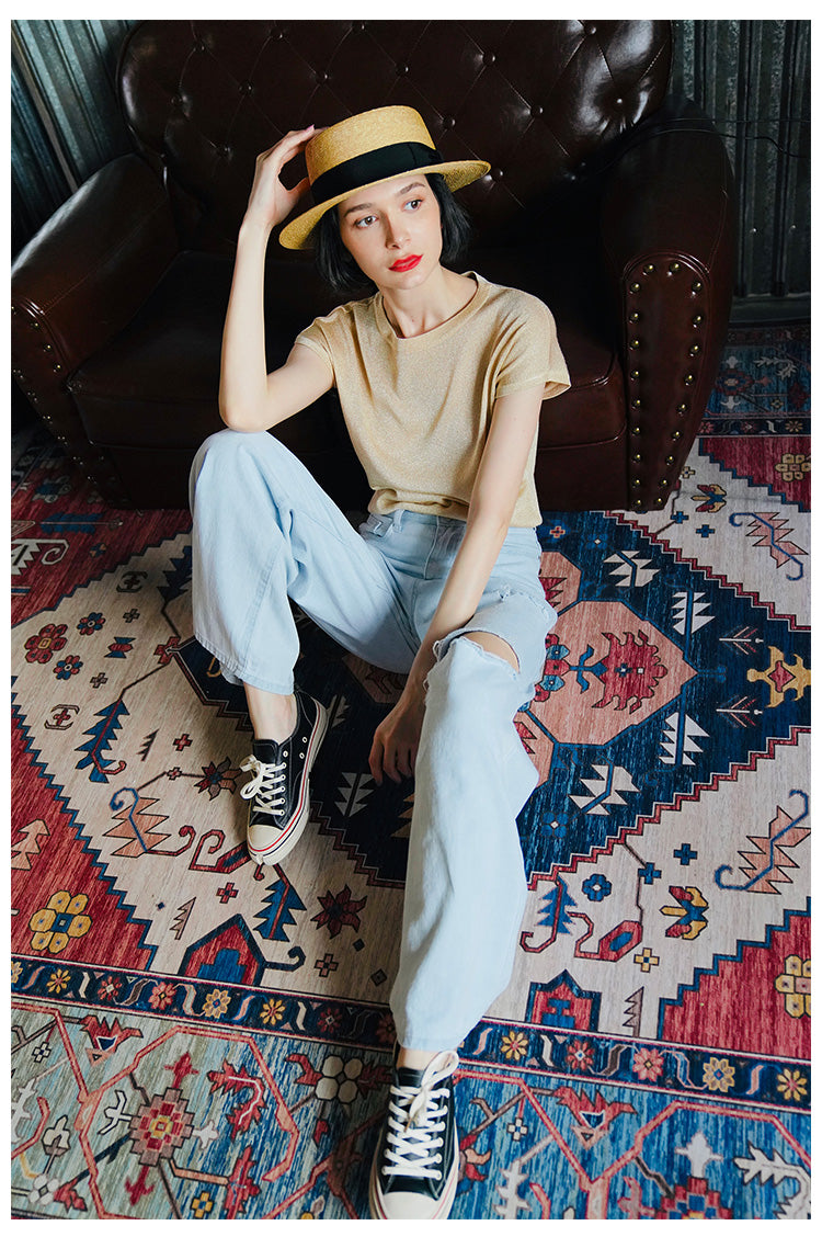 Gold Thread Blend Draped Knit Short Sleeve Women's Elastic Waist Top Summer New Solid Color t Women's Thin T-Shirt