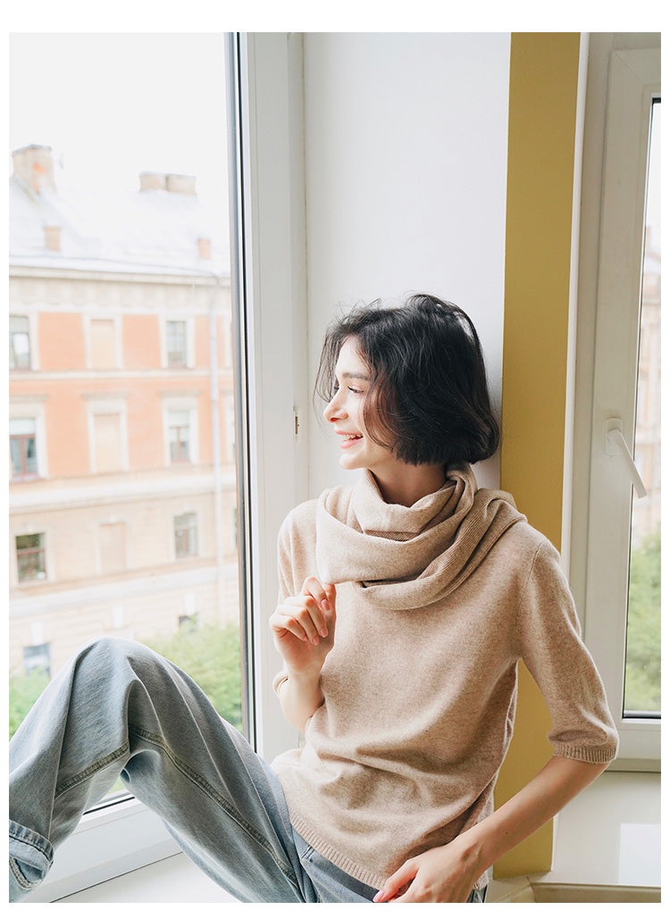 Merino Wool Autumn Women's New Loose Pullover Knitted Top Early Autumn Knitted Sweater Women's Short Sleeve with Scarf
