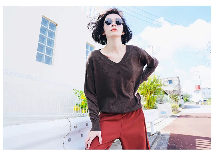 Thin loose cotton wool knitted pullover women's top V-neck undershirt women's knitted top long sleeved