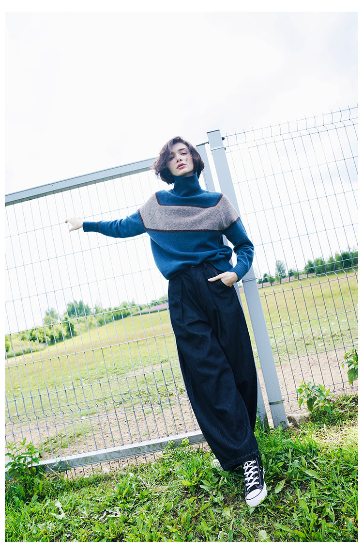 High neck women's sweater, inner outfit, color blocked wool sweater, women's sweater, women's western-style base coat, women's autumn and winter