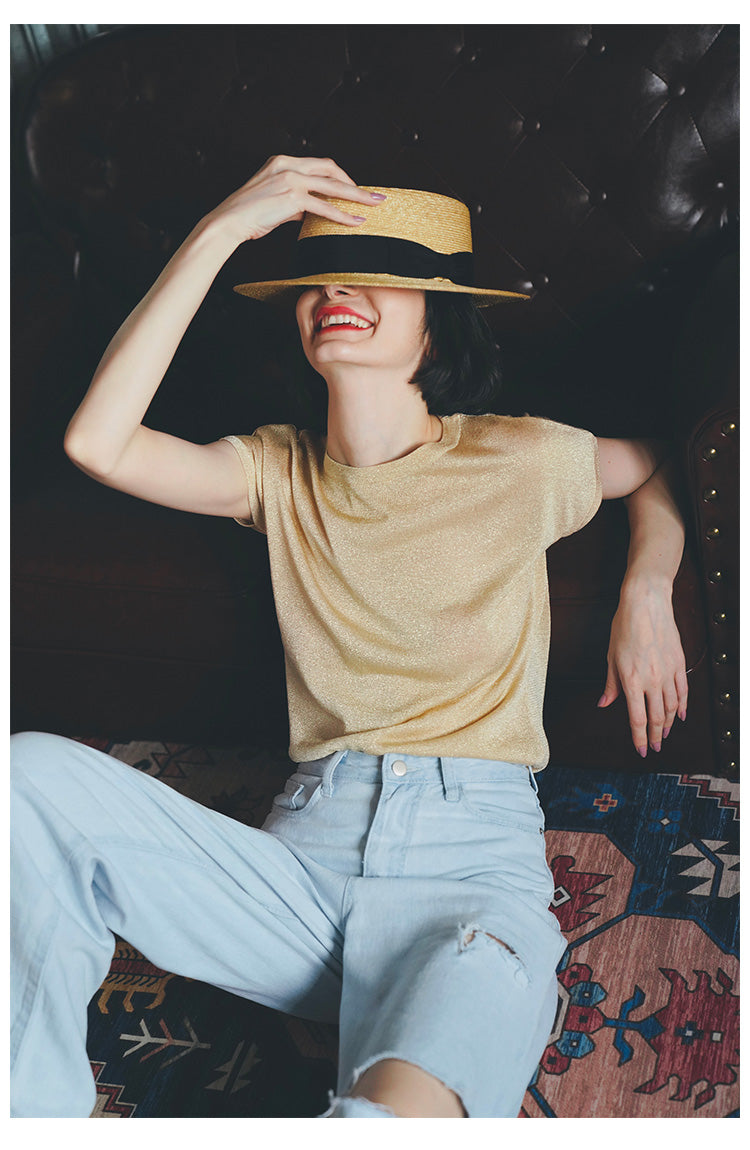 Gold Thread Blend Draped Knit Short Sleeve Women's Elastic Waist Top Summer New Solid Color t Women's Thin T-Shirt