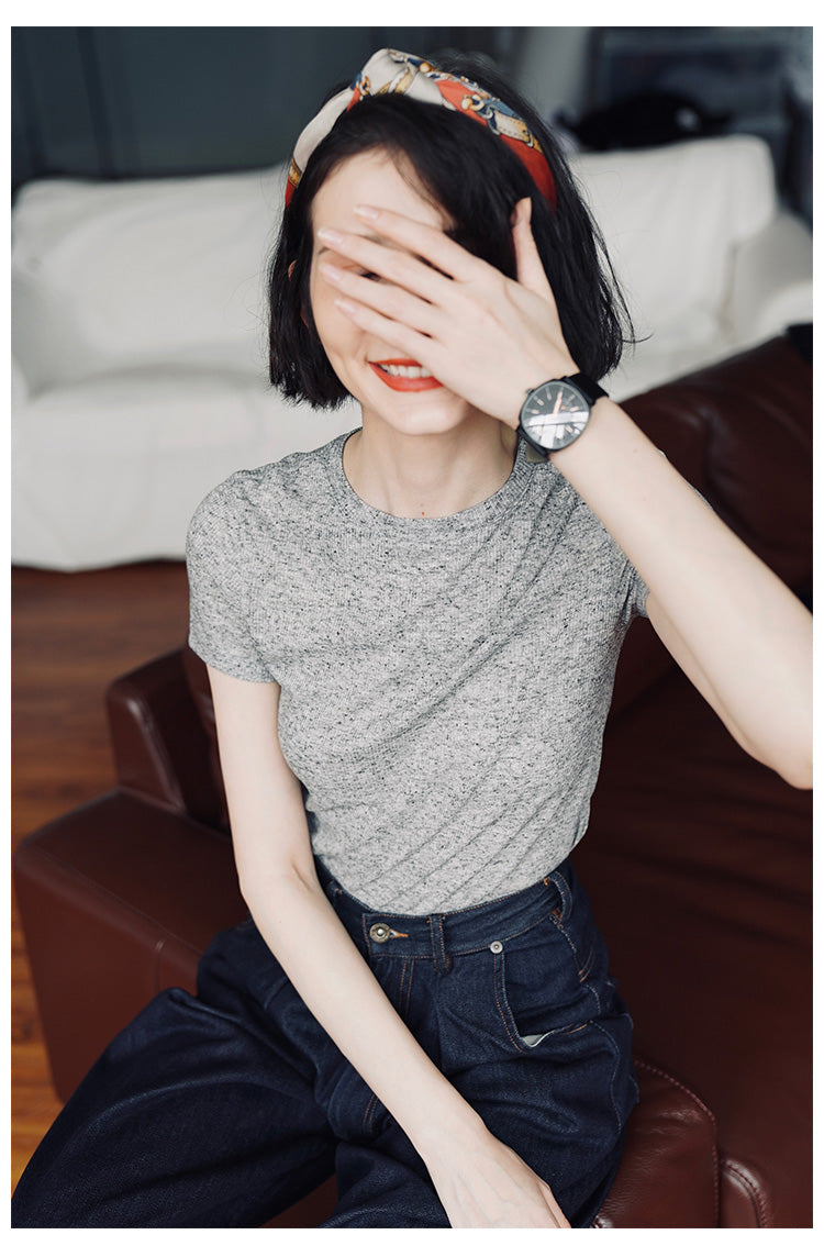 Women's round neck top short sleeved summer women's gray short sleeved women's T-shirt