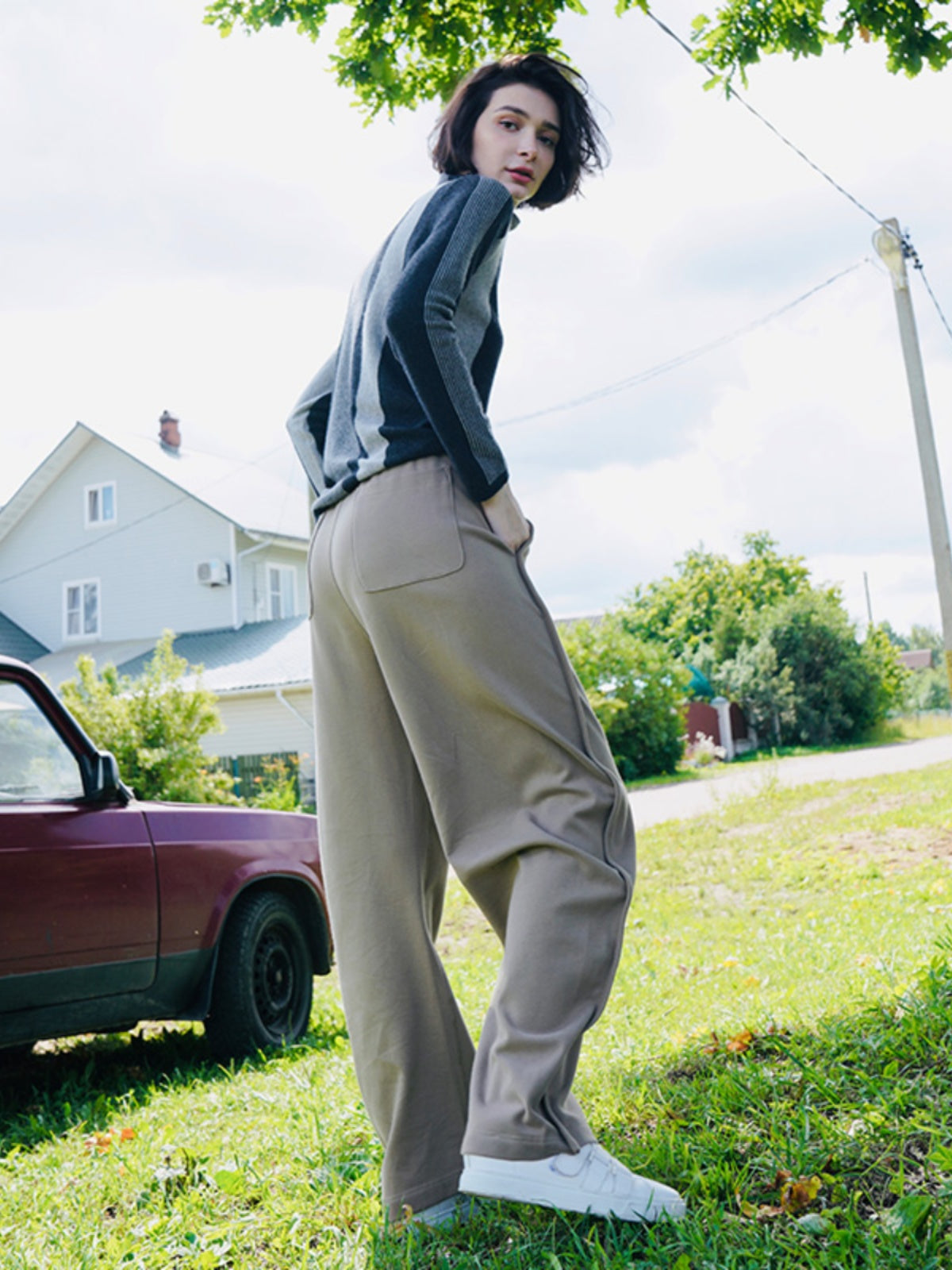 Wide-Leg Pants for Women, Spring and Autumn, High-Waisted Banana Pants, Pure Cotton Sweatpants, Casual Pants, Sports Pants, Versatile for Pear-Shaped Body