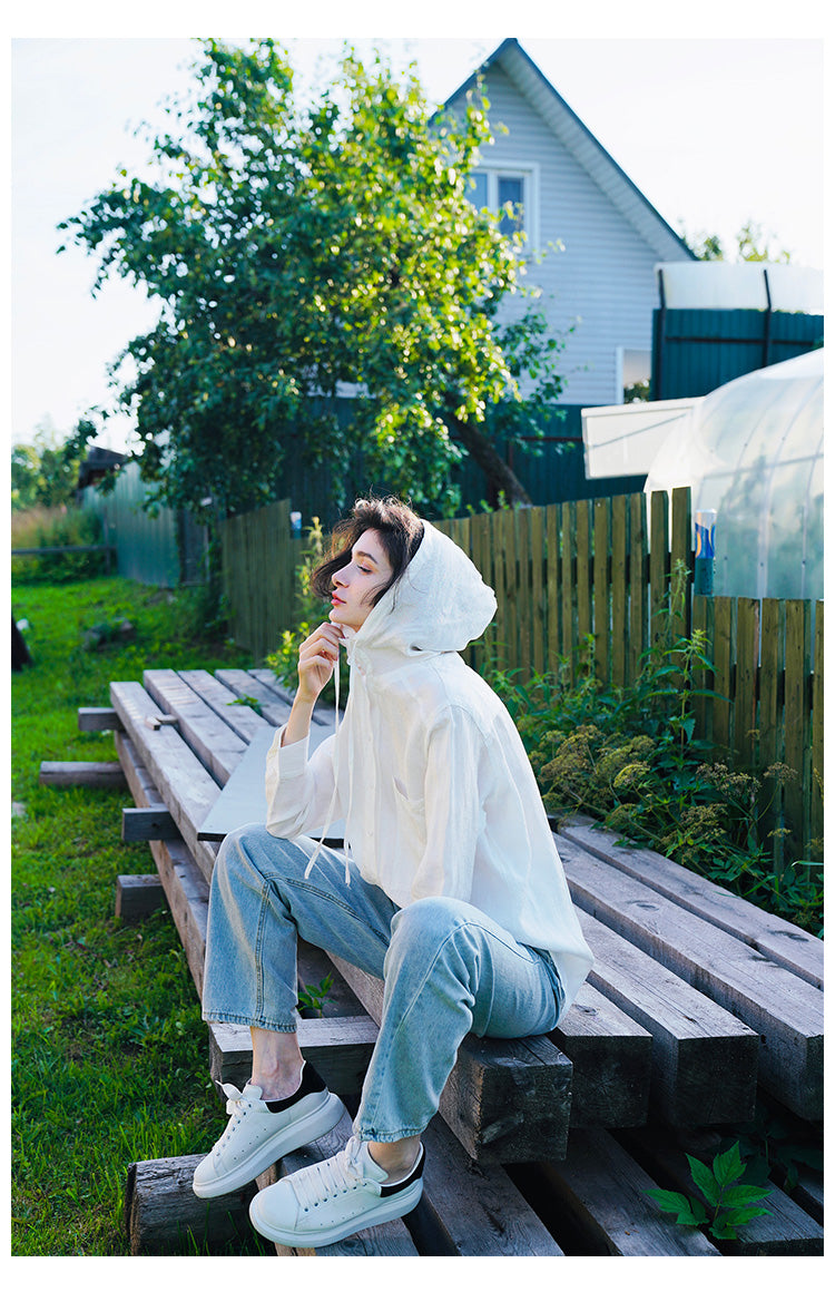 Tencel Linen Hooded Shirt for Women, Unique Design, White Loose-Fit Stylish Shirt for Women, New Autumn Long Sleeve