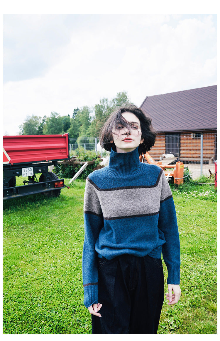 High neck women's sweater, inner outfit, color blocked wool sweater, women's sweater, women's western-style base coat, women's autumn and winter