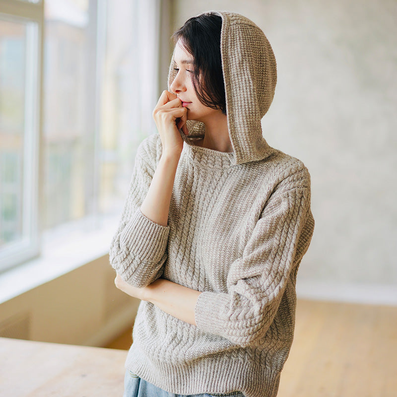 Women's Hooded Pullover Loose Fit Knitted Top Long Sleeve Sweater