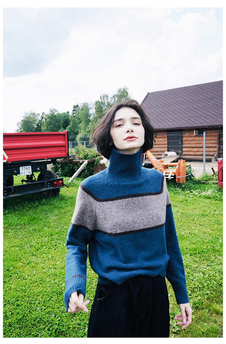 High neck women's sweater, inner outfit, color blocked wool sweater, women's sweater, women's western-style base coat, women's autumn and winter