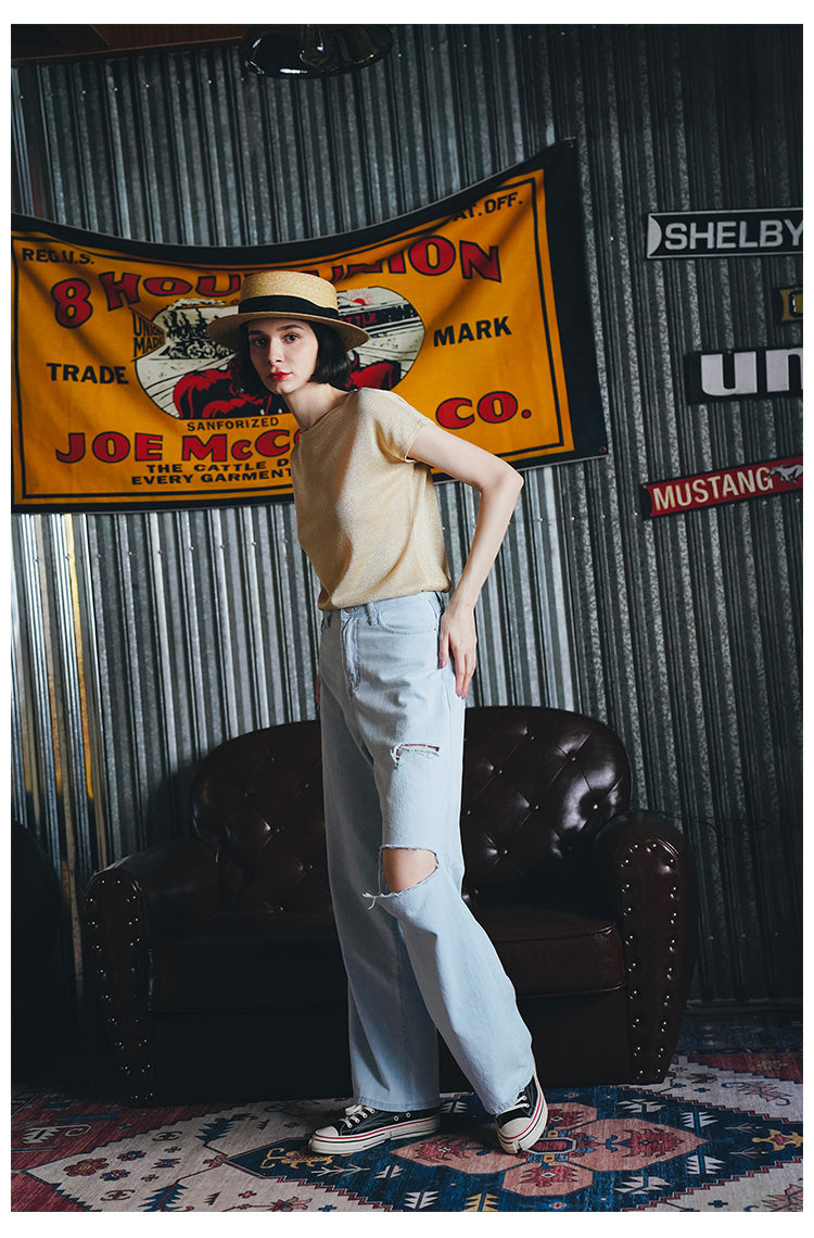 Gold Thread Blend Draped Knit Short Sleeve Women's Elastic Waist Top Summer New Solid Color t Women's Thin T-Shirt