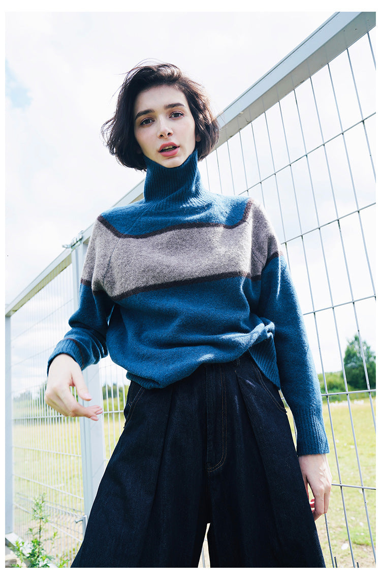 High neck women's sweater, inner outfit, color blocked wool sweater, women's sweater, women's western-style base coat, women's autumn and winter