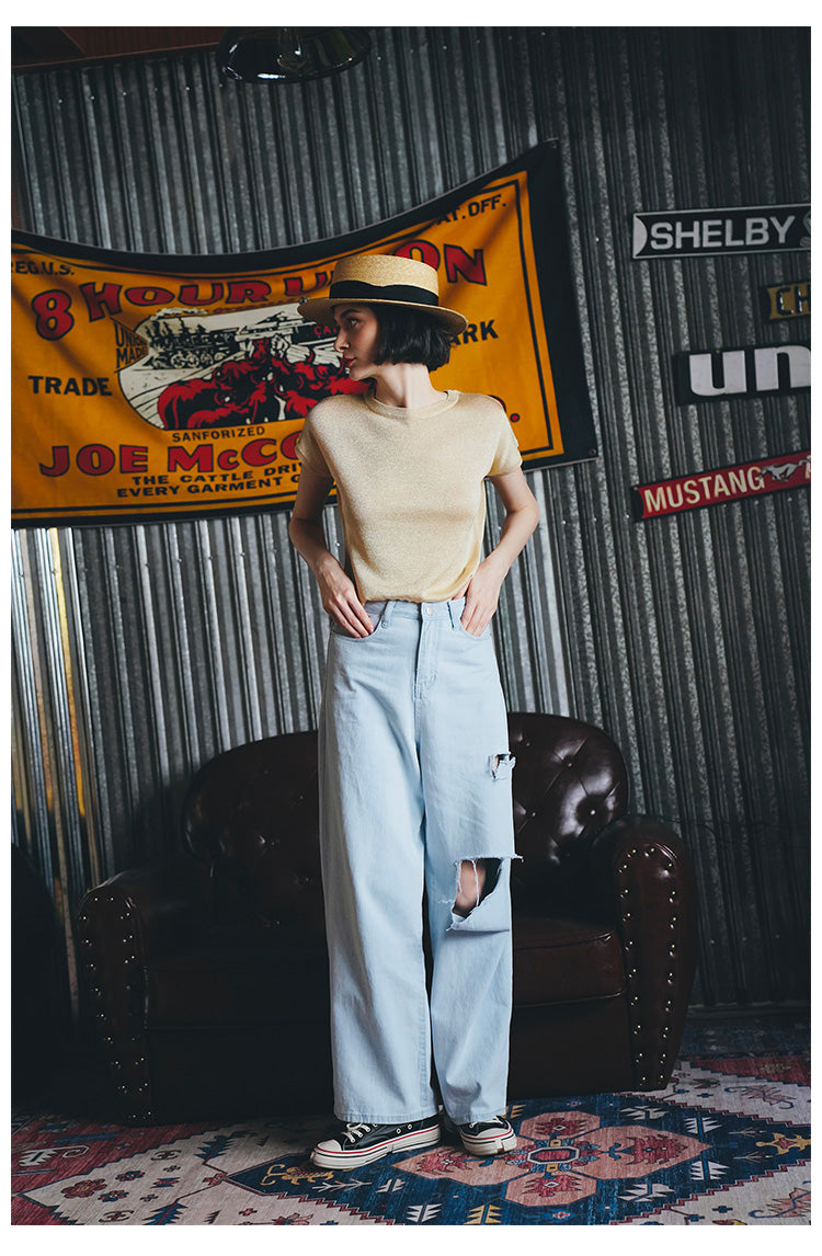 Gold Thread Blend Draped Knit Short Sleeve Women's Elastic Waist Top Summer New Solid Color t Women's Thin T-Shirt