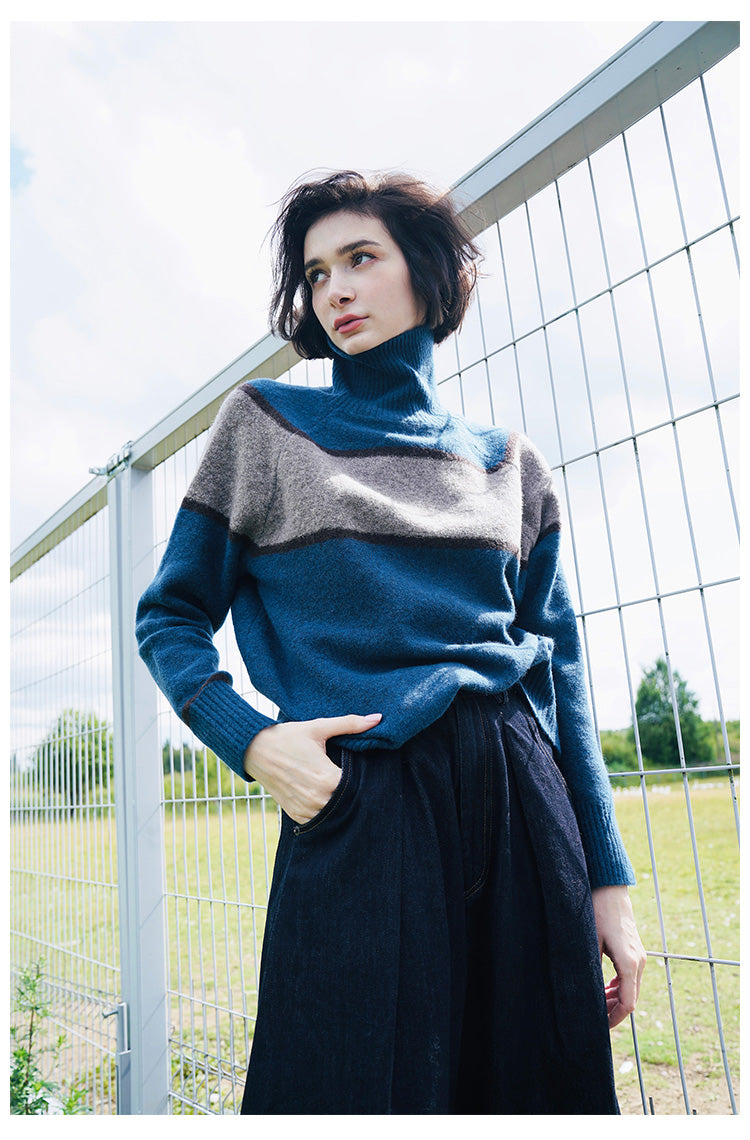 High neck women's sweater, inner outfit, color blocked wool sweater, women's sweater, women's western-style base coat, women's autumn and winter