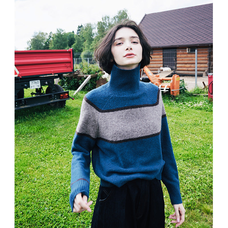 High neck women's sweater, inner outfit, color blocked wool sweater, women's sweater, women's western-style base coat, women's autumn and winter