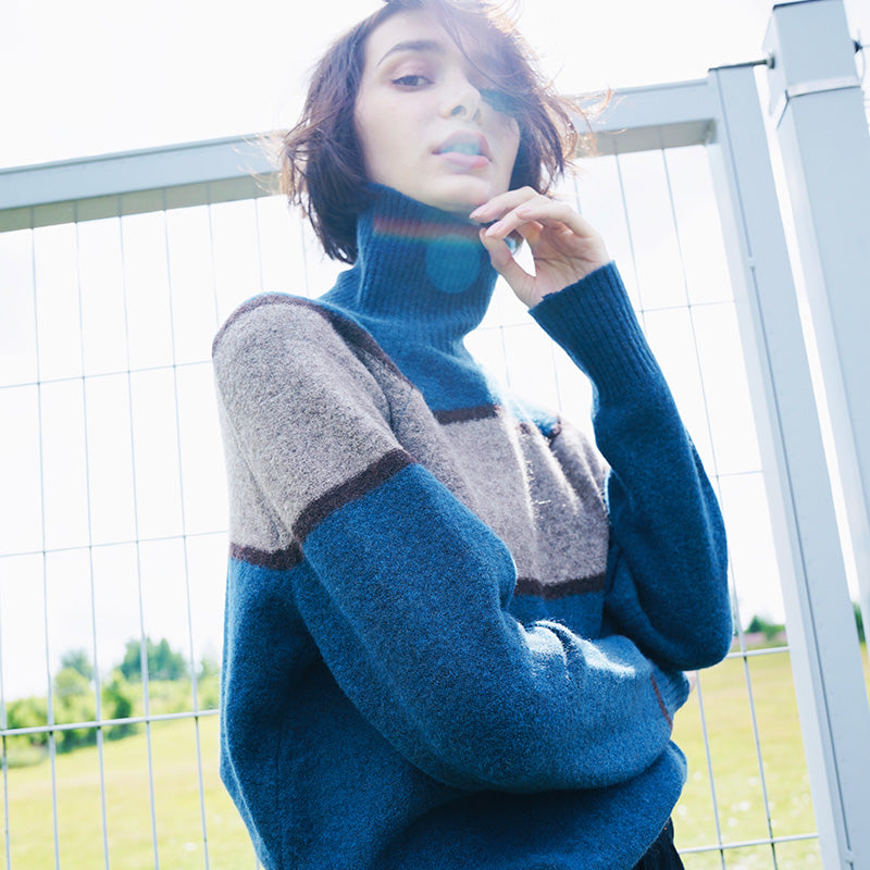 High neck women's sweater, inner outfit, color blocked wool sweater, women's sweater, women's western-style base coat, women's autumn and winter