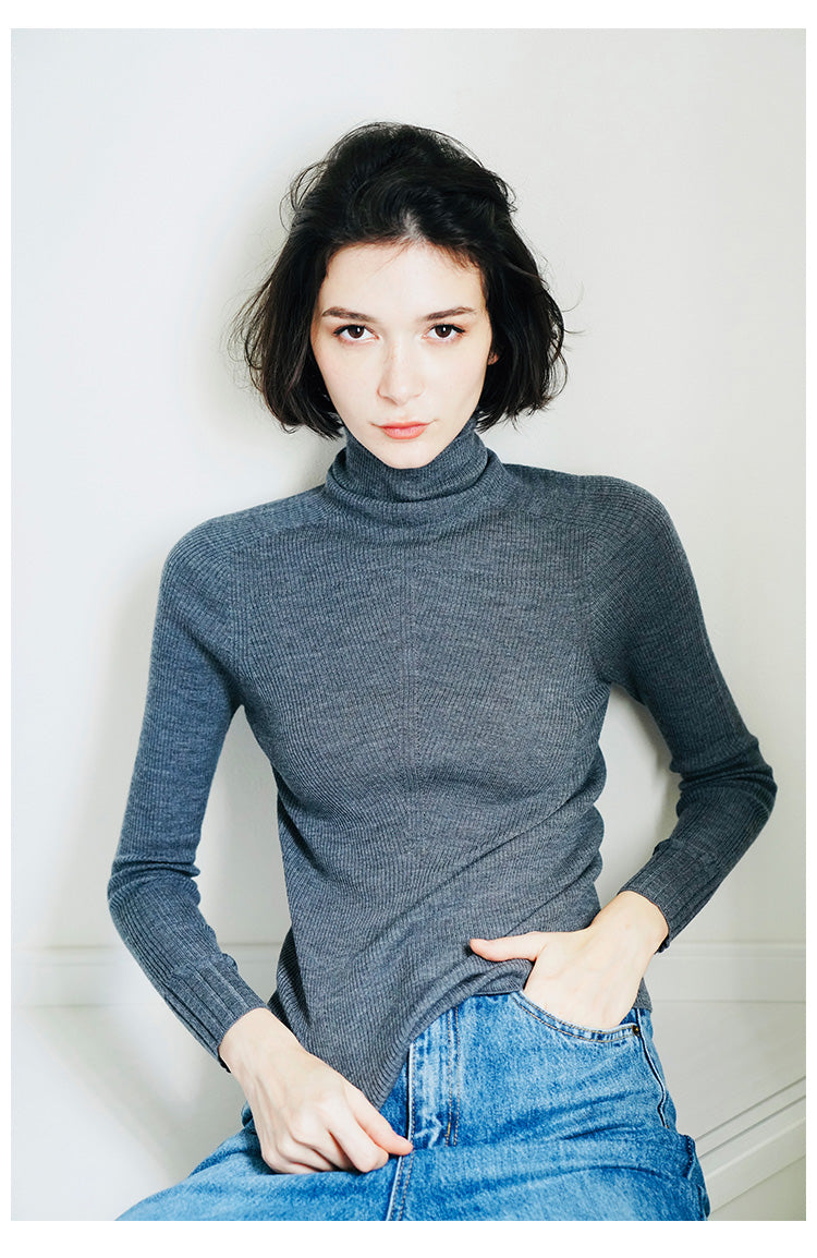 Wool Long Sleeve Thin Knitted Pullover Women's High Neck Slim Fit Base Shirt Inner Wear