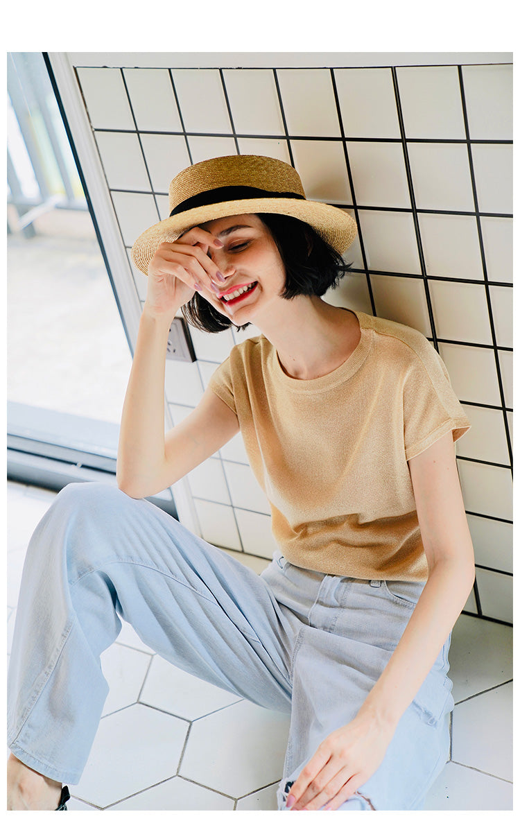 Gold Thread Blend Draped Knit Short Sleeve Women's Elastic Waist Top Summer New Solid Color t Women's Thin T-Shirt