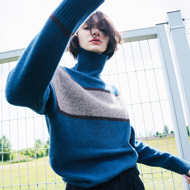 High neck women's sweater, inner outfit, color blocked wool sweater, women's sweater, women's western-style base coat, women's autumn and winter
