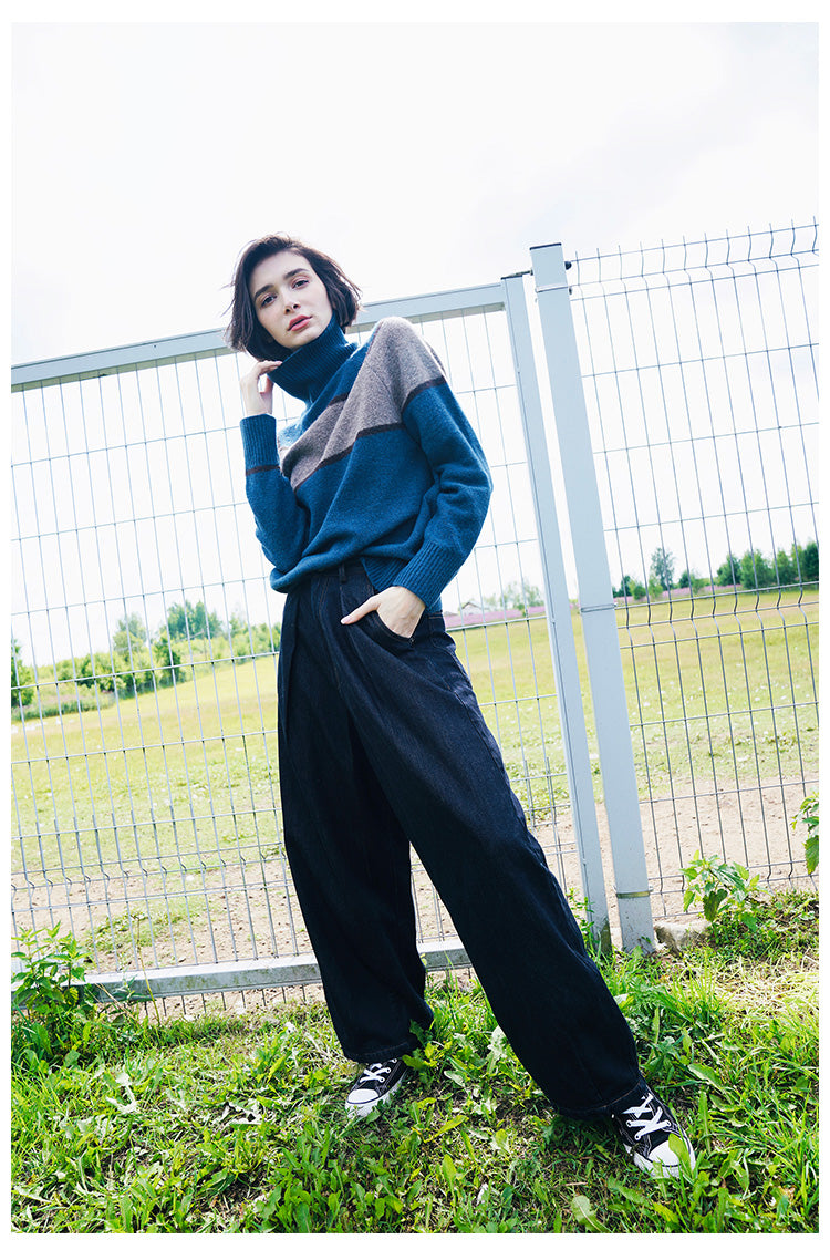 High neck women's sweater, inner outfit, color blocked wool sweater, women's sweater, women's western-style base coat, women's autumn and winter