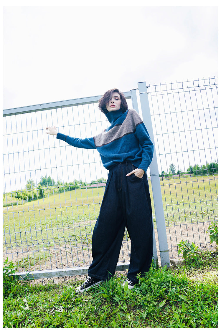 High neck women's sweater, inner outfit, color blocked wool sweater, women's sweater, women's western-style base coat, women's autumn and winter