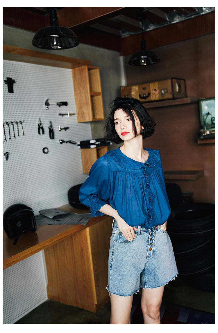 Ruffled Pleated Linen Top with Unique Design for Women, Doll Shirt, Sun Protection Shirt for Women Summer Style with a Western Touch