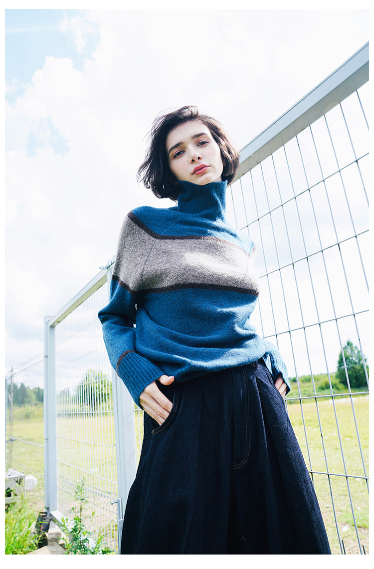 High neck women's sweater, inner outfit, color blocked wool sweater, women's sweater, women's western-style base coat, women's autumn and winter