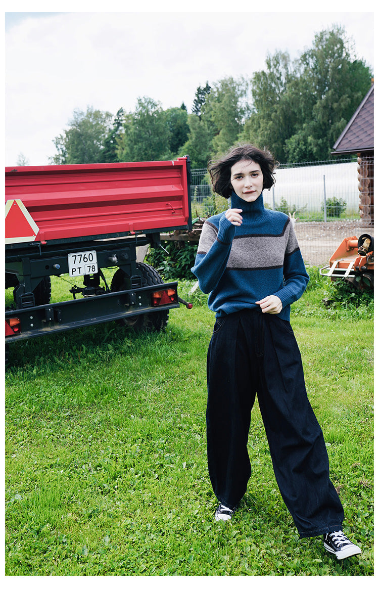 High neck women's sweater, inner outfit, color blocked wool sweater, women's sweater, women's western-style base coat, women's autumn and winter