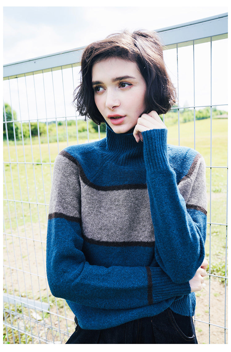 High neck women's sweater, inner outfit, color blocked wool sweater, women's sweater, women's western-style base coat, women's autumn and winter