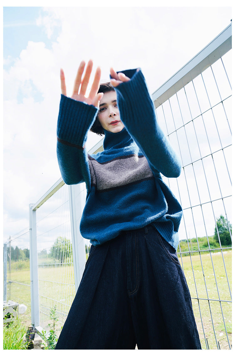 High neck women's sweater, inner outfit, color blocked wool sweater, women's sweater, women's western-style base coat, women's autumn and winter