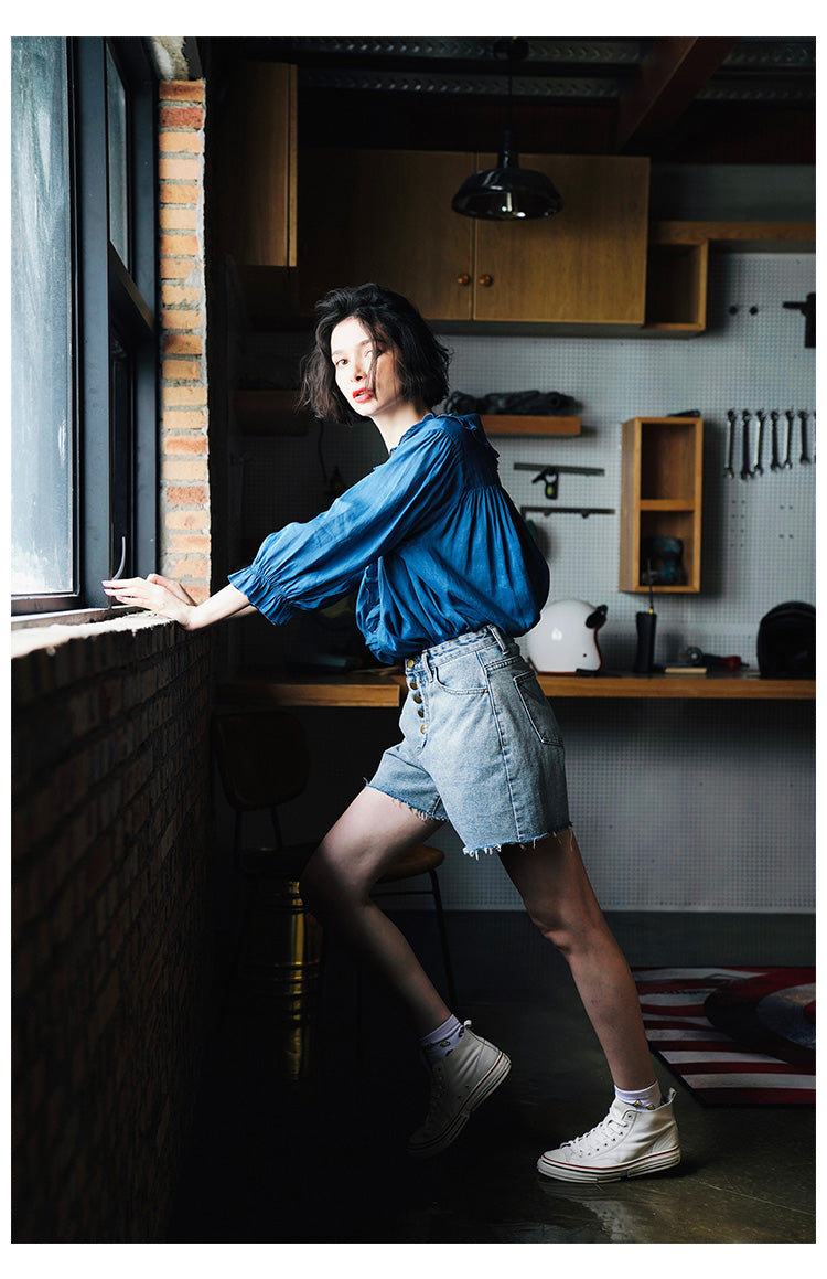 Ruffled Pleated Linen Top with Unique Design for Women, Doll Shirt, Sun Protection Shirt for Women Summer Style with a Western Touch
