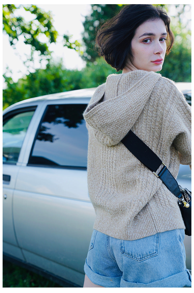 Women's Hooded Pullover Loose Fit Knitted Top Long Sleeve Sweater