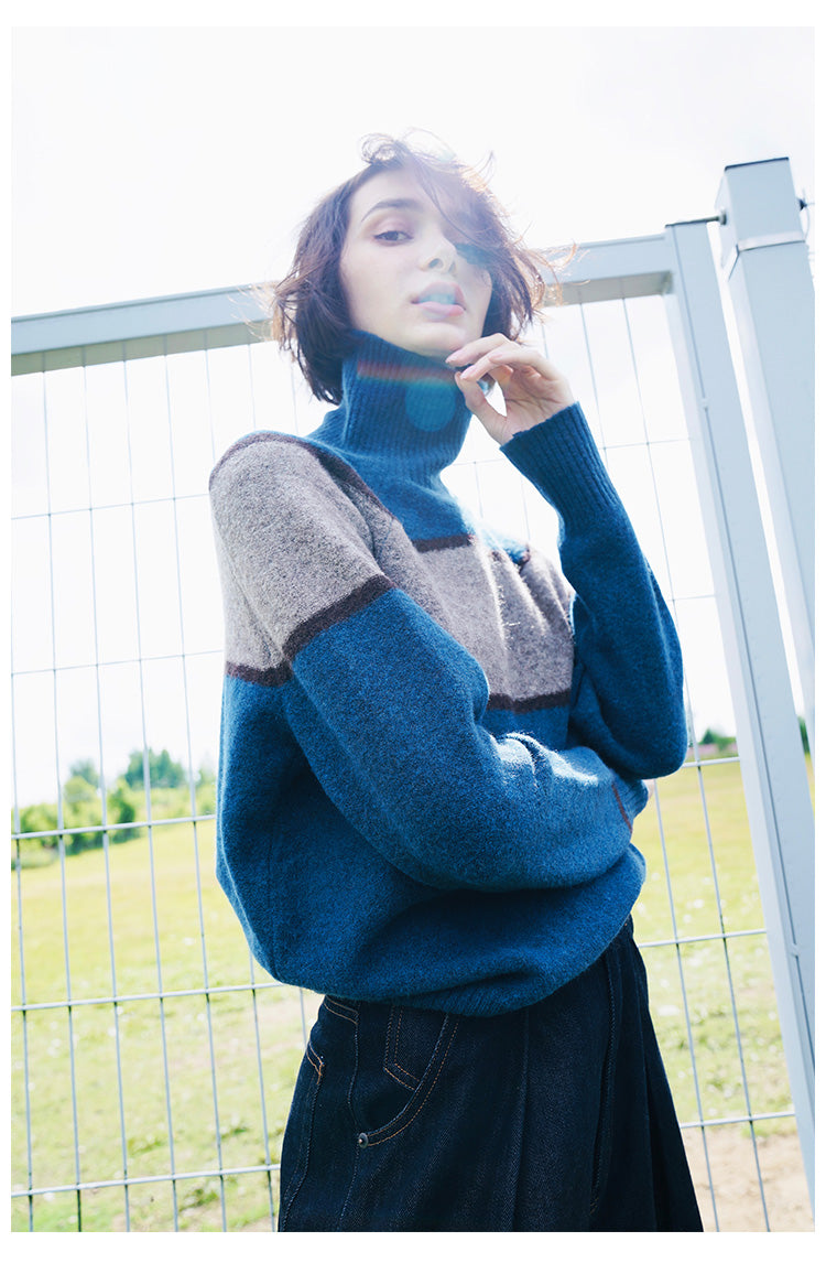 High neck women's sweater, inner outfit, color blocked wool sweater, women's sweater, women's western-style base coat, women's autumn and winter
