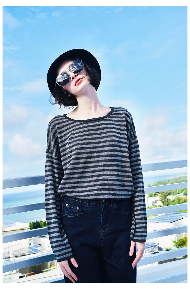 Casual Classic Striped Loose Knitted Top Women's Long Sleeve Knitted Shirt