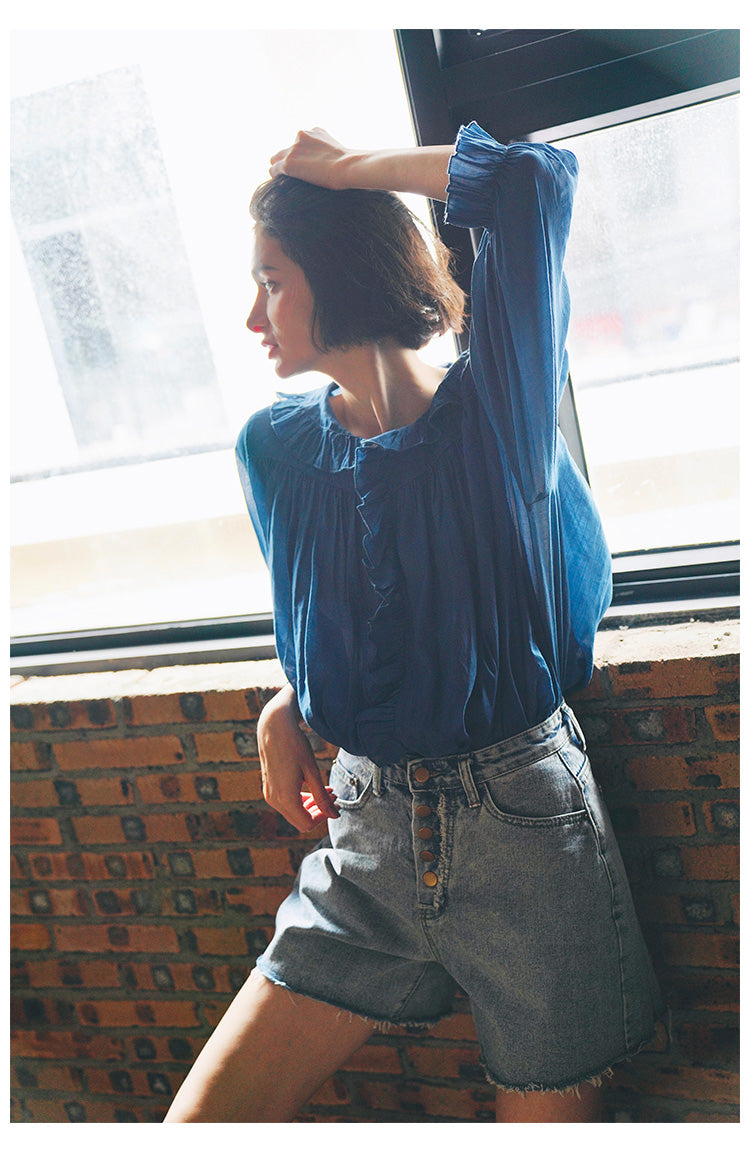 Ruffled Pleated Linen Top with Unique Design for Women, Doll Shirt, Sun Protection Shirt for Women Summer Style with a Western Touch