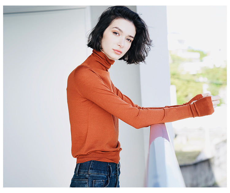 Wool Seamless High Neck Knitted Sweater for Women Slim Fit Pullover Base Layer