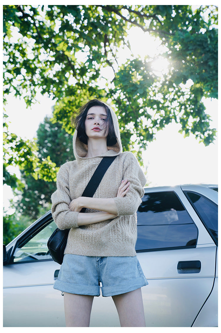 Women's Hooded Pullover Loose Fit Knitted Top Long Sleeve Sweater