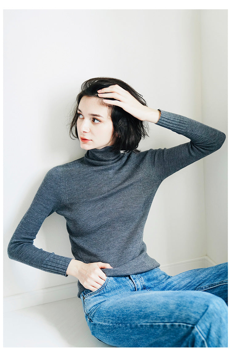 Wool Long Sleeve Thin Knitted Pullover Women's High Neck Slim Fit Base Shirt Inner Wear