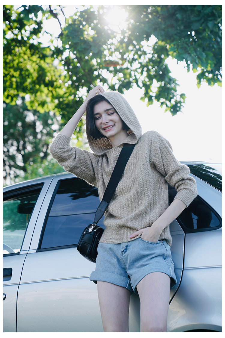 Women's Hooded Pullover Loose Fit Knitted Top Long Sleeve Sweater