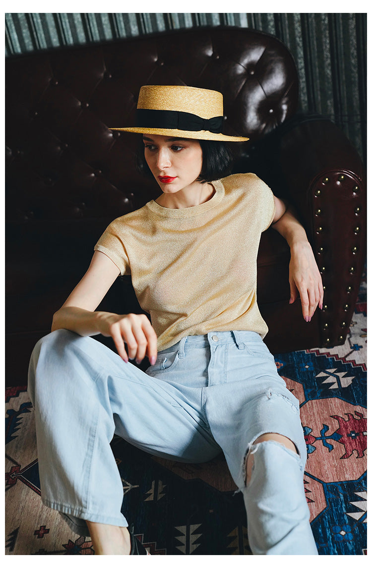 Gold Thread Blend Draped Knit Short Sleeve Women's Elastic Waist Top Summer New Solid Color t Women's Thin T-Shirt