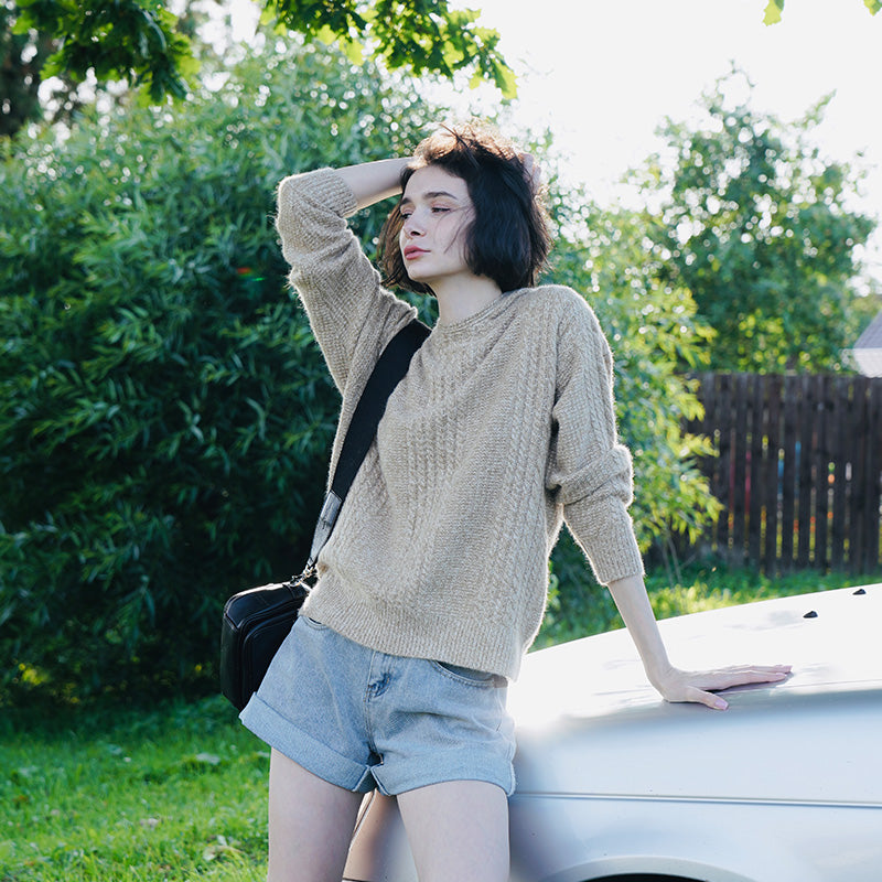 Women's Hooded Pullover Loose Fit Knitted Top Long Sleeve Sweater