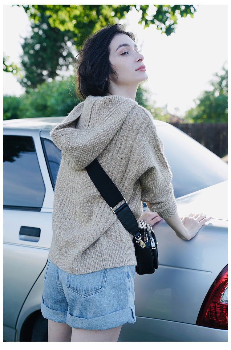 Women's Hooded Pullover Loose Fit Knitted Top Long Sleeve Sweater