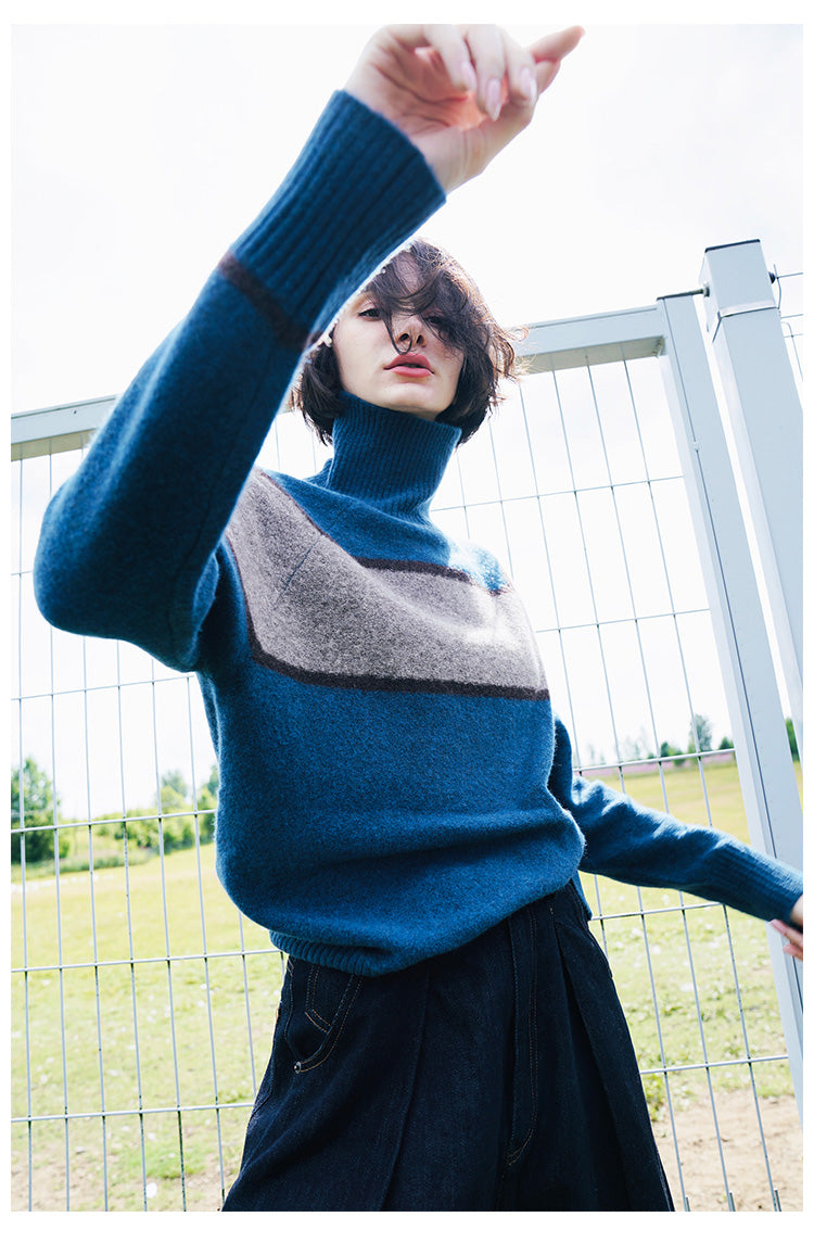 High neck women's sweater, inner outfit, color blocked wool sweater, women's sweater, women's western-style base coat, women's autumn and winter