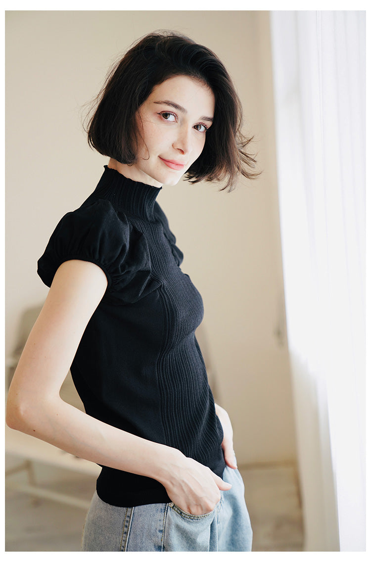Half Turtleneck Knitted Autumn Top for Women Versatile Stylish Puff Sleeve Early Autumn Knitwear Short Sleeve Pullover Blouse