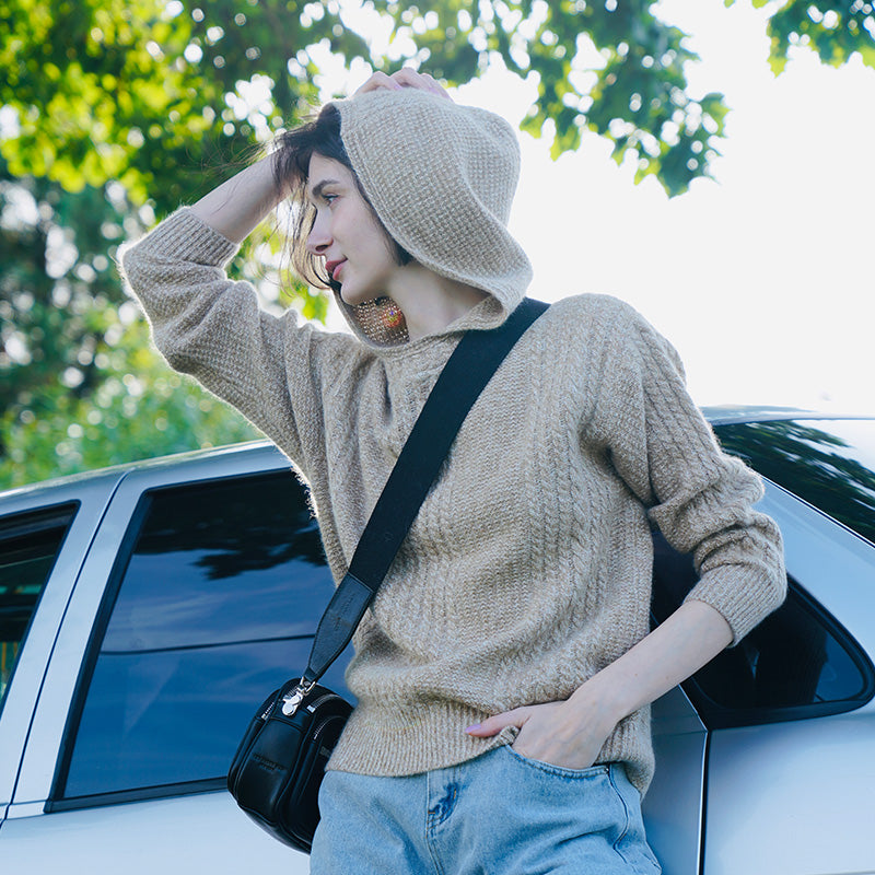 Women's Hooded Pullover Loose Fit Knitted Top Long Sleeve Sweater