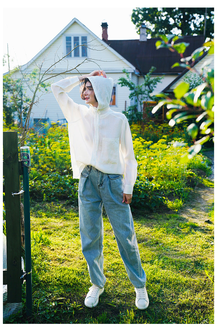 Tencel Linen Hooded Shirt for Women, Unique Design, White Loose-Fit Stylish Shirt for Women, New Autumn Long Sleeve
