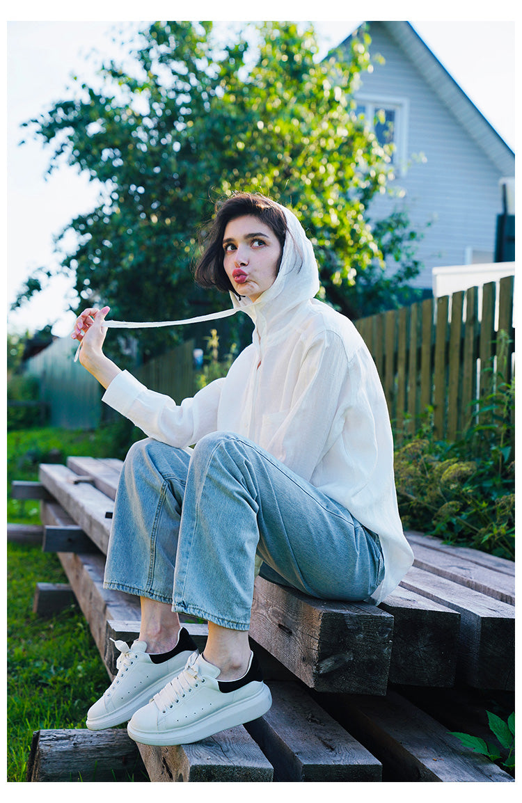Tencel Linen Hooded Shirt for Women, Unique Design, White Loose-Fit Stylish Shirt for Women, New Autumn Long Sleeve