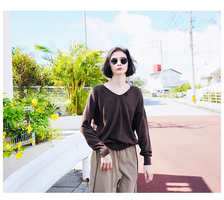 Thin loose cotton wool knitted pullover women's top V-neck undershirt women's knitted top long sleeved