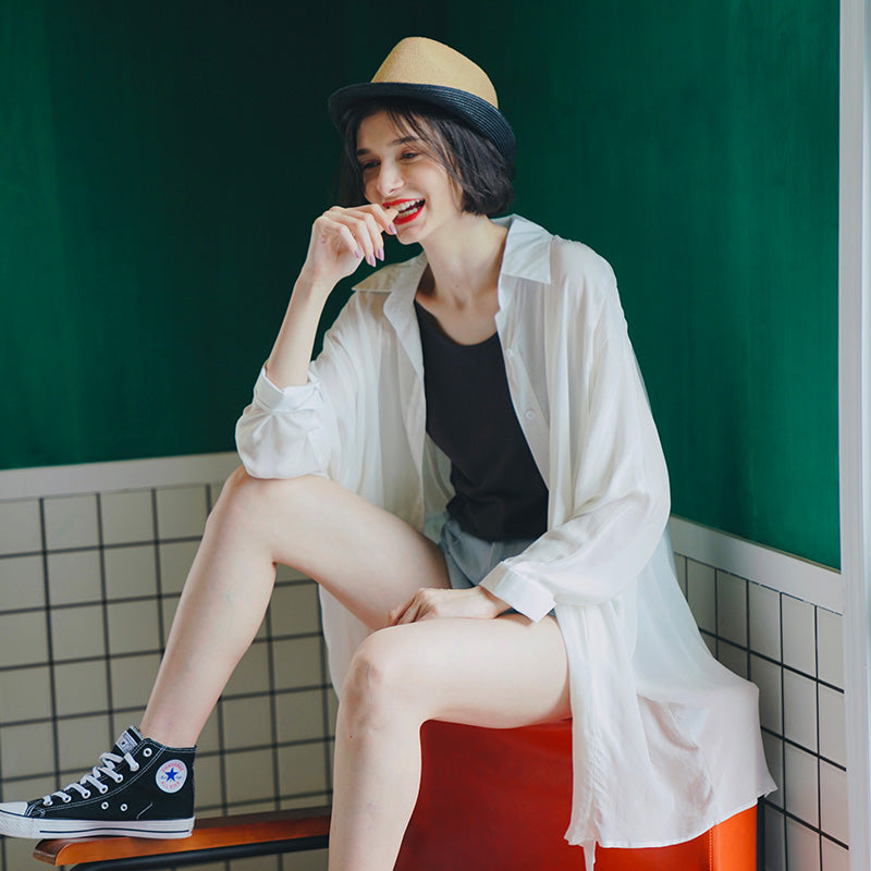 Skin-friendly Rayon Shirt for Women, Mid-length Loose Sunscreen Shirt, Long Sleeve Thin Square Neck Top for Women, Summer