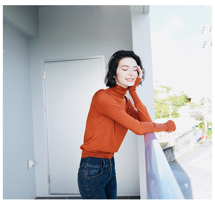 Wool Seamless High Neck Knitted Sweater for Women Slim Fit Pullover Base Layer