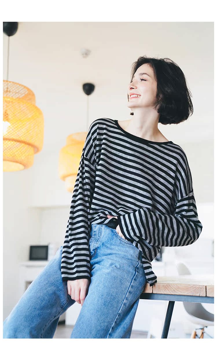 Casual Classic Striped Loose Knitted Top Women's Long Sleeve Knitted Shirt