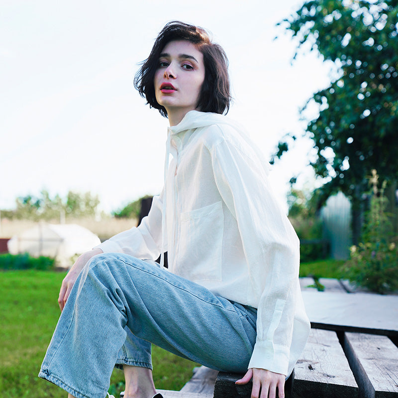 Tencel Linen Hooded Shirt for Women, Unique Design, White Loose-Fit Stylish Shirt for Women, New Autumn Long Sleeve